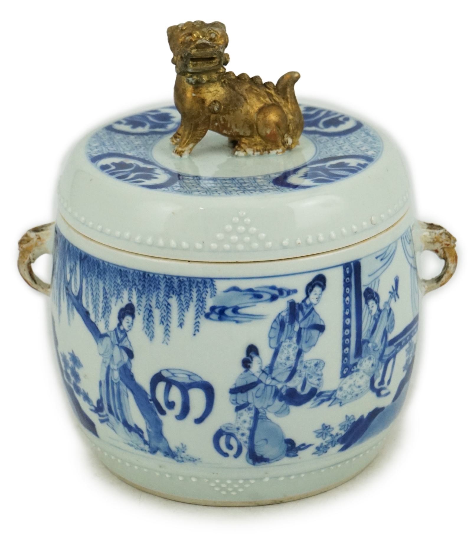 A Chinese blue and white 'Four Beauties' drum-shaped jar and cover, Kangxi period (1662-1722)